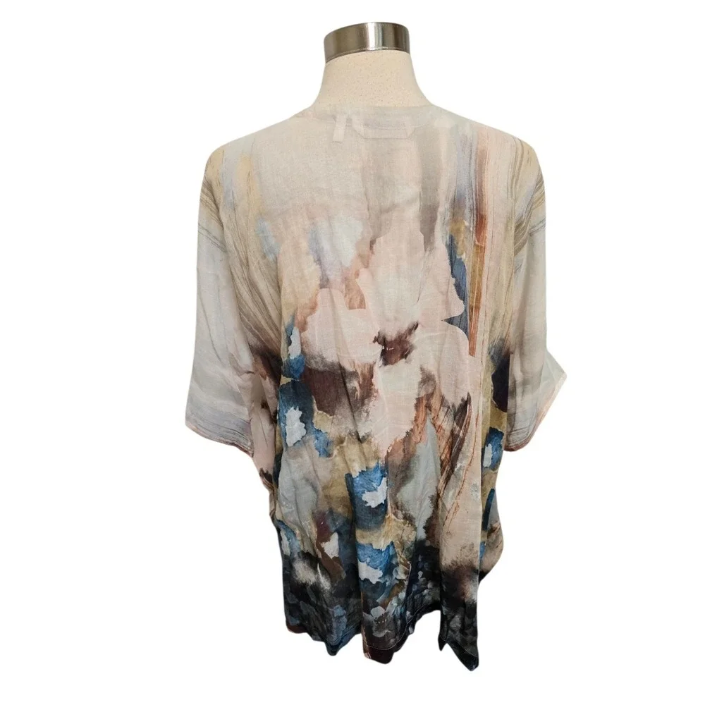 Soft Surroundings Womens Kimono Style Cardigan One Size Watercolor Linen Blend - Picture 2 of 8